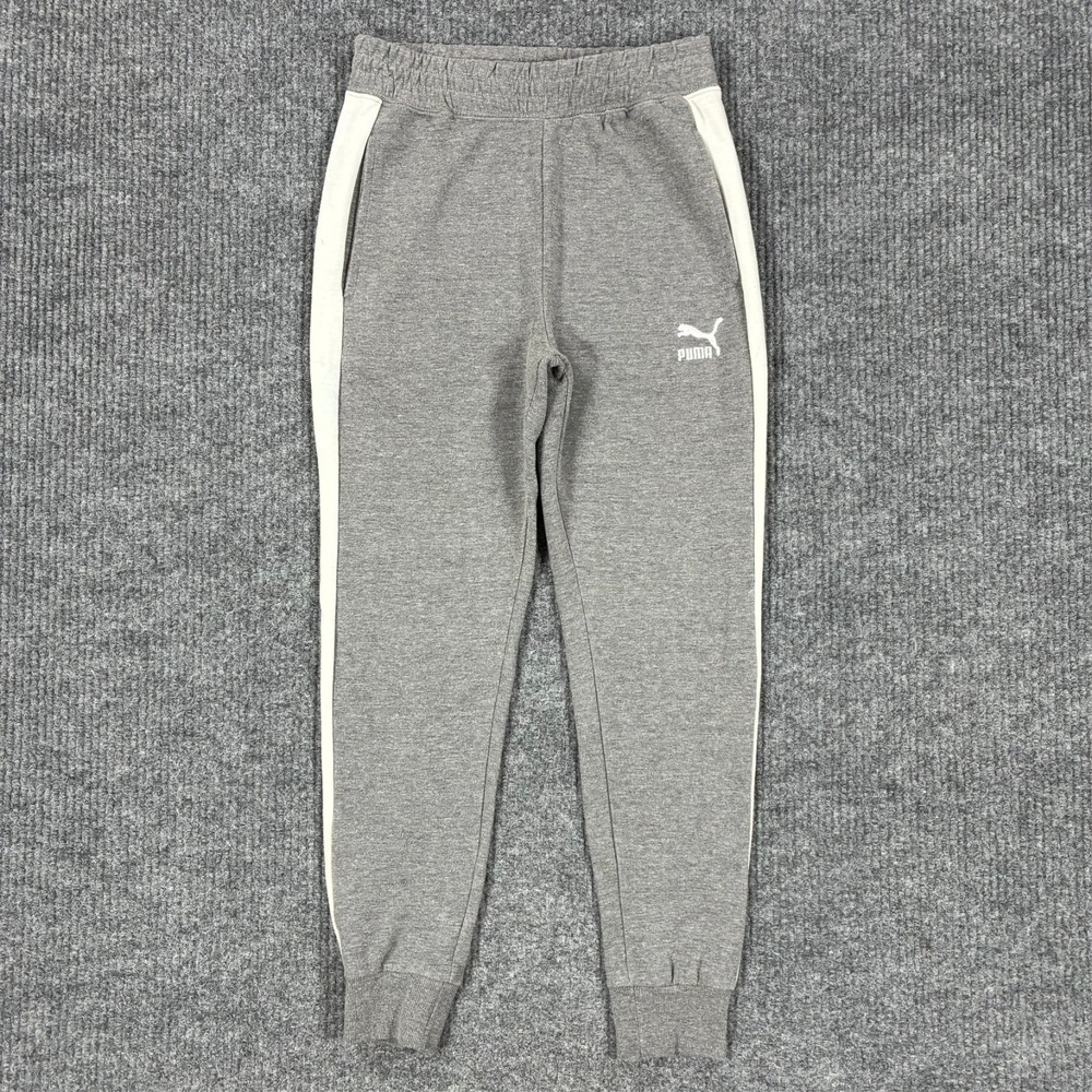 Puma Boys Gray Fleece Jogger Sweatpants Size M 10-12 Logo Side Striped Pull On